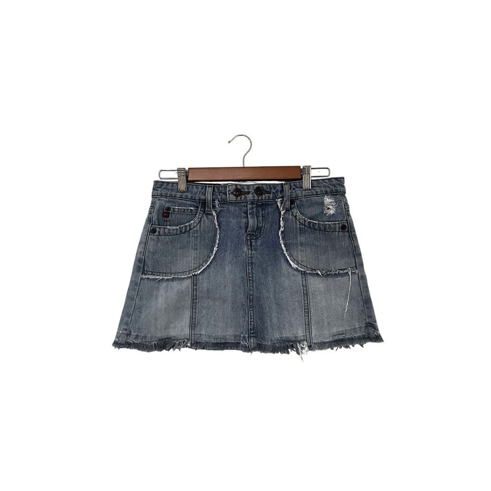 Vintage Y2K LEI Women's Blue Denim Distressed Mini Skirt Size 3
